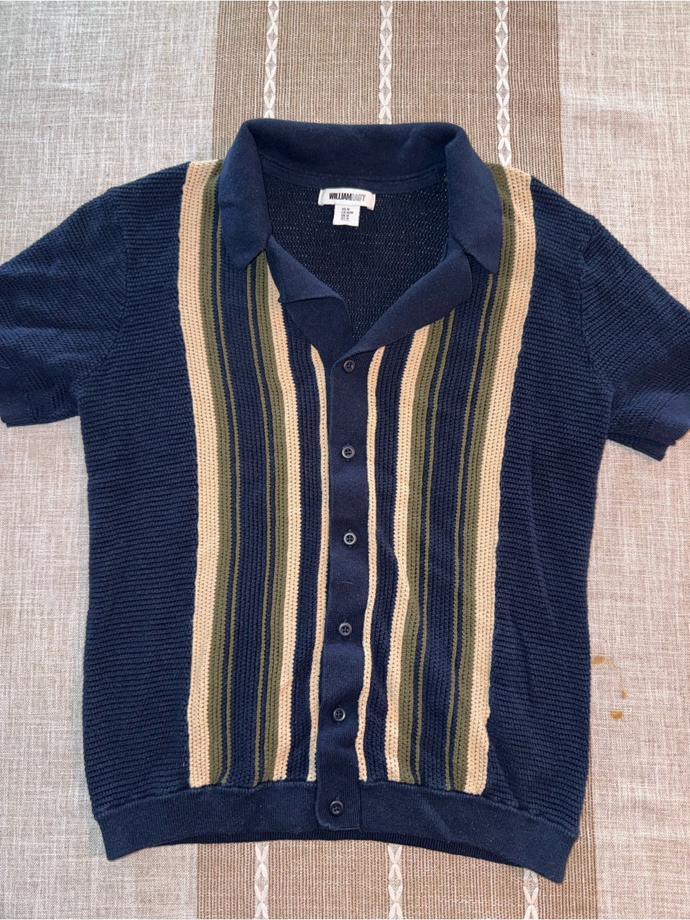 William Rast Navy Button-Front Short Sleeve Polo with Green and Tan Stripes